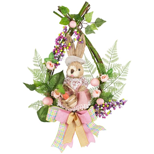 20" Pink Flower Bunny Moss Vines Teardrop Easter Wreath By Northlight | Michaels®